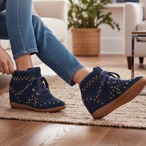 Schutz Sailfish Dark Blue Suede Hidden Wedge Lace-Up Sneaker Size 6